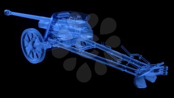 X-ray of artillery cannon on black background