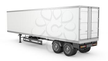 Blank white parked semi trailer, isolated on white background