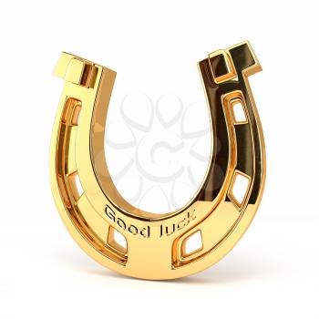 Gold horseshoe isolated on white background. Good luck! 3d illustration.