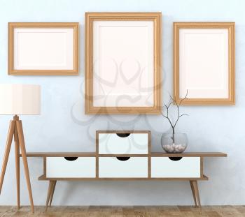 Mock up retro interior. Light wooden cabinet with dark legs and a tree in a glass vase, light floor lamp on a light laminate. A lot of pictures with a blank canvas. 3d rendering