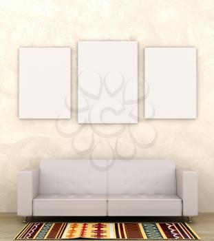 Mock up interior living room. Bright ethnic floor carpet, tribal style. In the center of the room a soft light sofa. Plastered walls. 3d rendering.