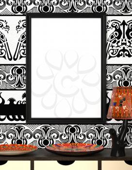 Mock up interior. Bright African plate and the lamp with traditional ornaments. Wooden frame with blank canvas on a black and white background with floral ornament. 3d rendering.