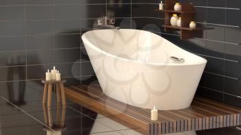 Modern bathroom with ceramic bath with candles. 3D rendering mock up