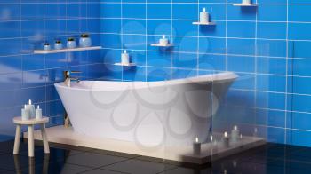 Modern bathroom with ceramic bath with candles. 3D rendering mock up