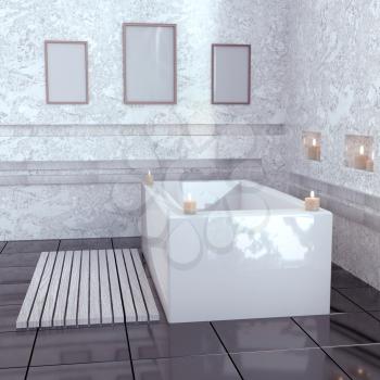 Modern bathroom with ceramic bath with candles. 3D rendering mock up