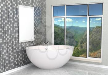 Luxurious white modern bathroom in the bathroom with tiles, marble, large window. Bathroom with a landscape. 3D rendering