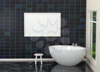 Luxurious white modern bathroom in the bathroom with tiles, marble, large window. Bathroom with a landscape. 3D rendering