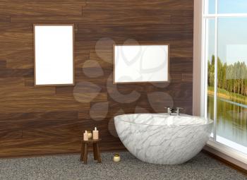 Luxurious white modern bathroom in the bathroom with tiles, marble, large window. Bathroom with a landscape. 3D rendering