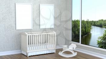 Children's room with landscape, rocking horse and cot. 3D rendering