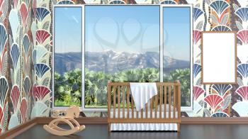 Children's bedroom with baby cot. 3d illustration. Render of a children's room with a bed and a landscape