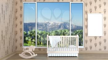 Children's bedroom with baby cot. 3d illustration. Render of a children's room with a bed and a landscape