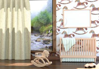 Children's bedroom with baby cot. 3d illustration. Render of a children's room with a bed and a landscape