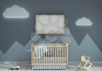 3d illustration of a children's room with a baby bed and toys. Mock up of the children's bedroom