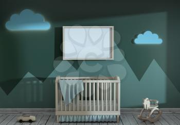 3d illustration of a children's room with a baby bed and toys. Mock up of the children's bedroom