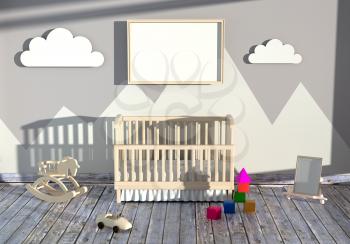 3d illustration of a children's room with a baby bed and toys. Mock up of the children's bedroom