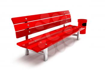 Royalty Free Clipart Image of a Red Bench and Garbage Bin