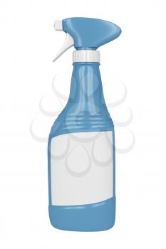 Blue spray bottle with empty label on white background