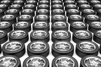 Group of car tires with alloy rims