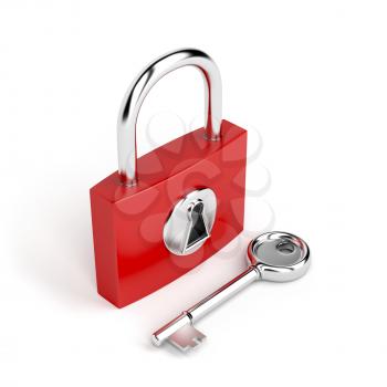 Padlock and key on white background