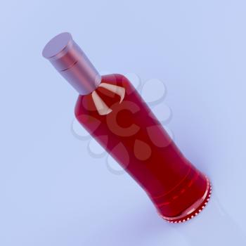 Red liqueur bottle on shiny blue background