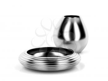 Silver vase and bowl on white background