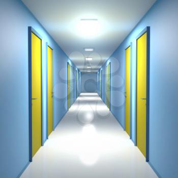 Corridor with closed doors in office, residential building or hotel