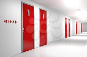 Hotel corridor with red doors 