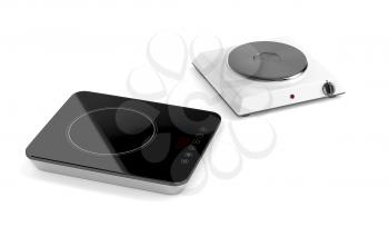 Hot plate and induction cooktop on white background