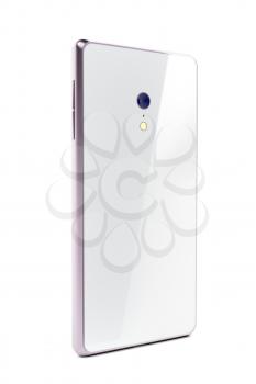 Back view of white smartphone with rose gold colored frame 