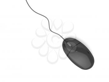 Black computer mouse on white background, top view 