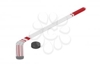 Ice hockey stick and puck on white background 