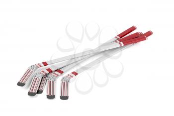 Group of five ice hockey sticks on white background 