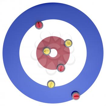 Top view of curling stones on ice