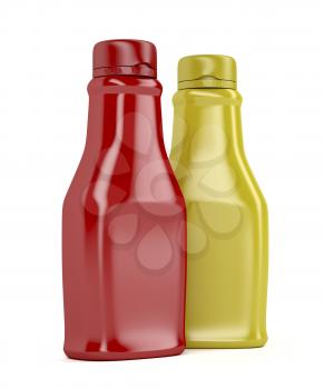 Ketchup and mustard bottles on white background