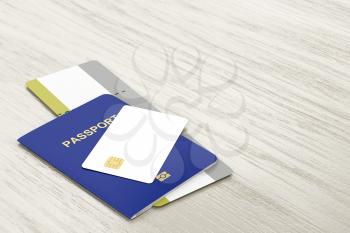 Passport and blank bank card and boarding pass on wooden table 