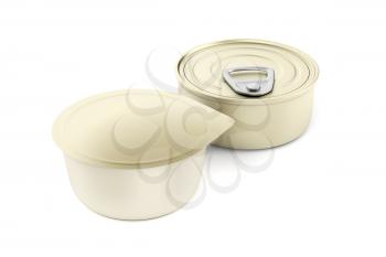 Two different type of tin cans for pate, cheese, butter or other food