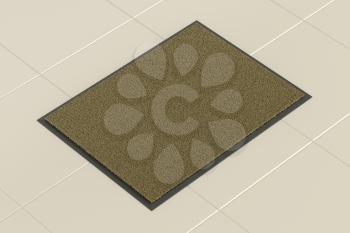 Brown doormat on tile floor, 3D illustration