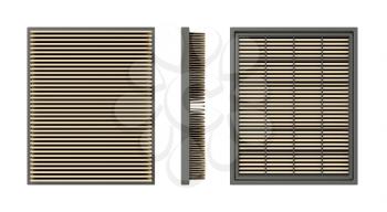 Front, side and back view of a car air filter, isolated on white background