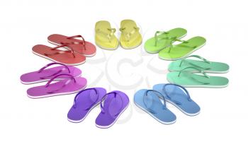 Colorful flip flops on white background 