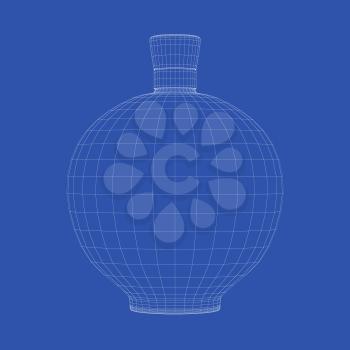 3D wire-frame model of alcohol bottle on blue background