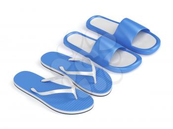 Flip flops and rubber slides on white background 