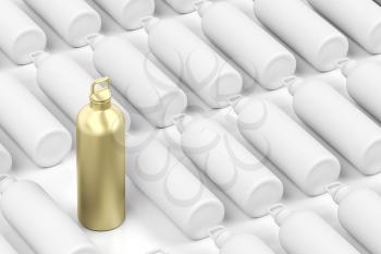 Golden bottle among other blank white bottles, concept image