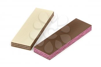 Wafers with strawberry and chocolate filling on white background