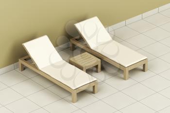 Wooden sun loungers and table in the spa center