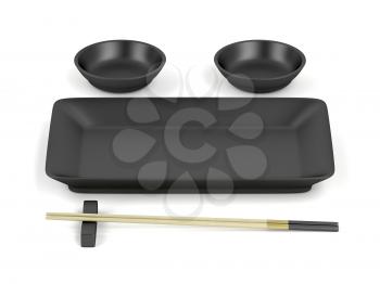 Wood chopsticks and empty black sushi plates