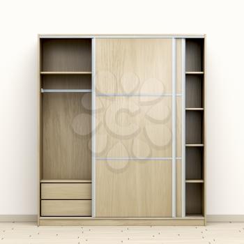 Front view of modern wood wardrobe in the room
