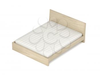 Wooden bed with memory foam mattress on white background