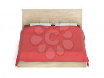 Comfort bed with red duvet on white background