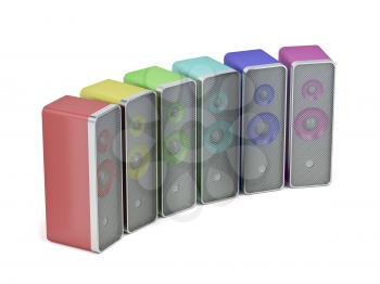 Computer speakers with different colors on white background