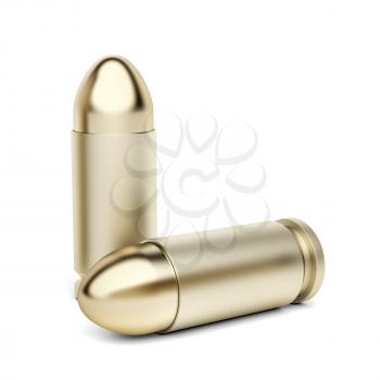 Handgun bullets on white background